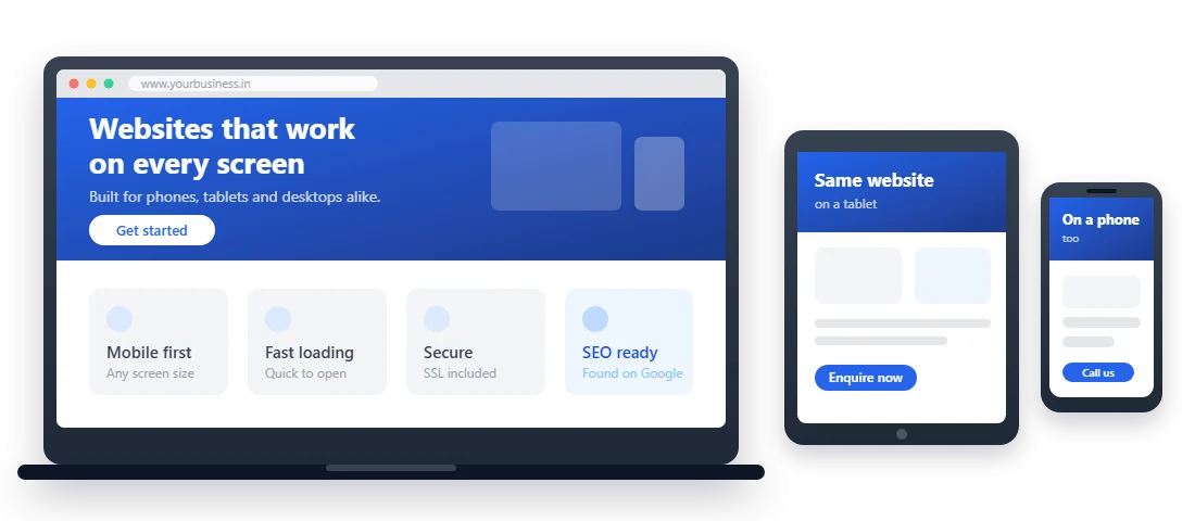 The same website shown on a laptop, a tablet and a phone.